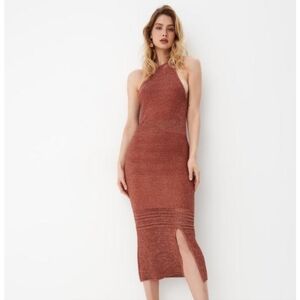 NWT Mohito Sheer Mesh Crochet Knit Bodycon Midi Dress Metallic Copper Brown SM